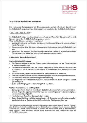 DHS Grundsatzpapier: Was Sucht-Selbsthilfe ausmacht DHS Grundsatzpapier: Was Sucht-Selbsthilfe ausmacht